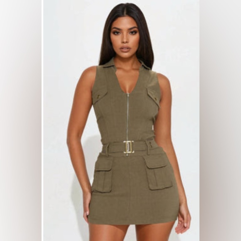 Fashion Nova Olive Green Sleeveless Zip-Up Mini Dress